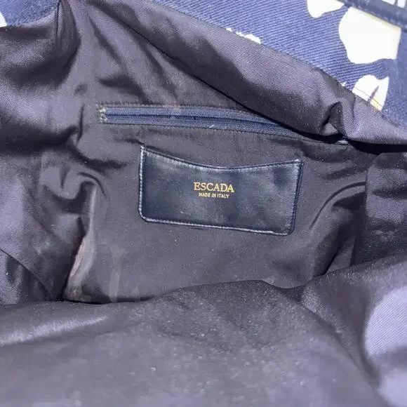 VTG ESCADA Nautical Dolphin Floral Blue Leather Drawstring Bucket Bag Crossbody - Picture 6 of 15